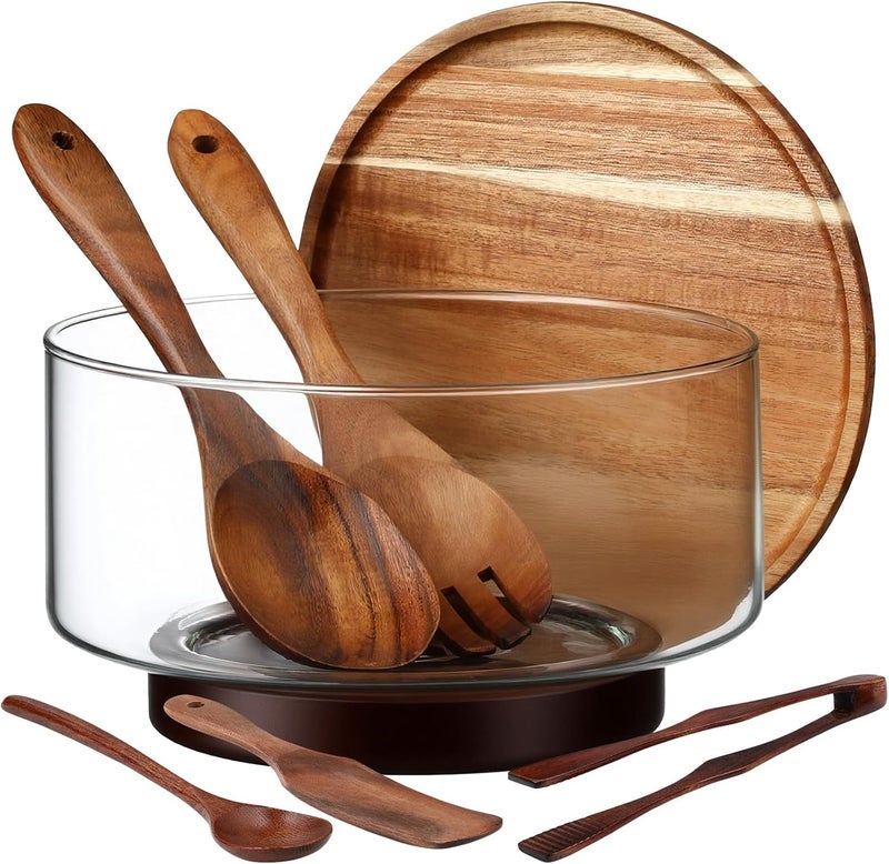 FoldTier Large Glass Salad Bowl Set, Party Salad Bowl with Acacia Wood Base and Lid as Cheese Charcuterie Board and Plate, Comes with 5 Pieces Elegant Wood Serving Utensils - Image 1